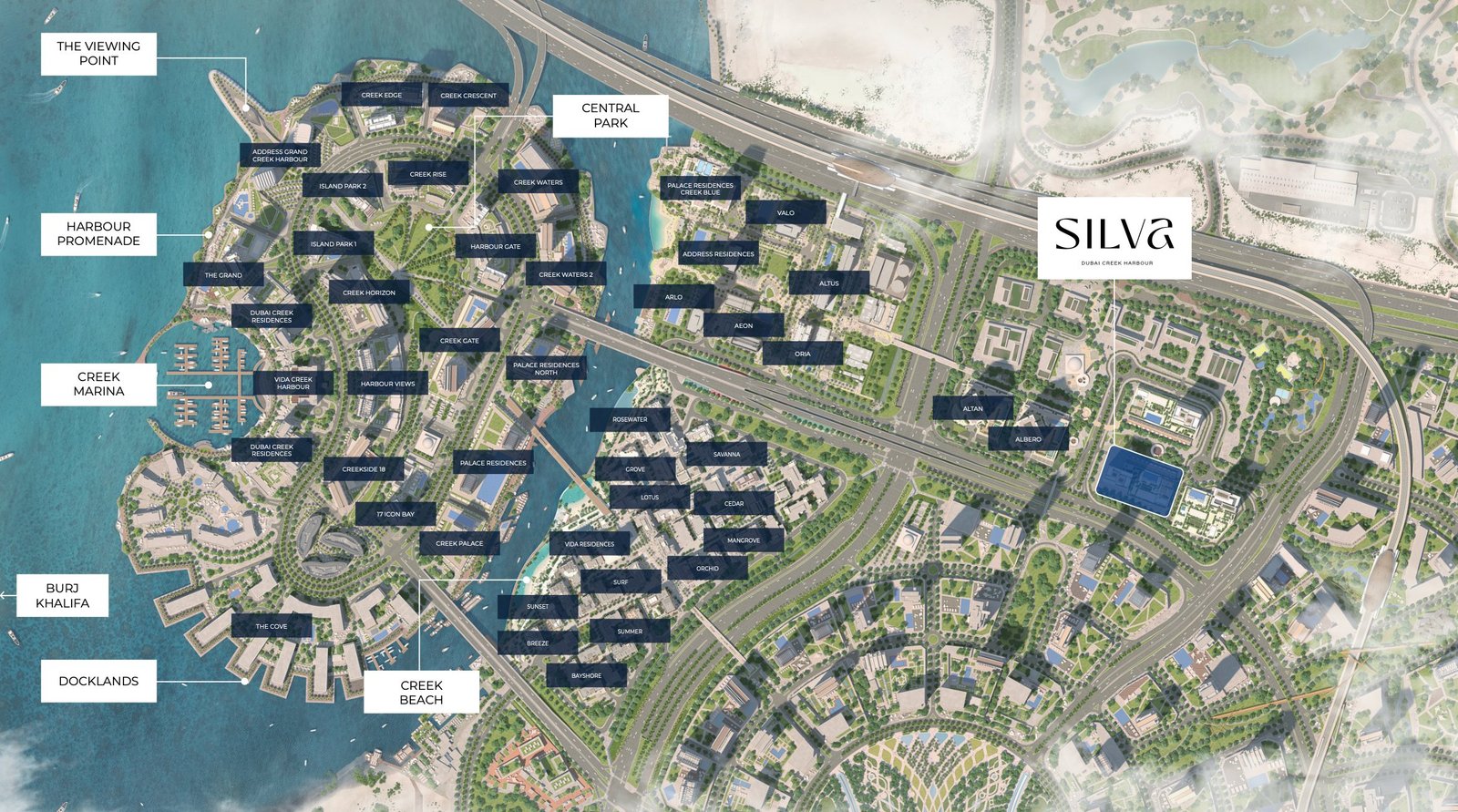 Dubai Creek Harbour masterplan map with districts and towers